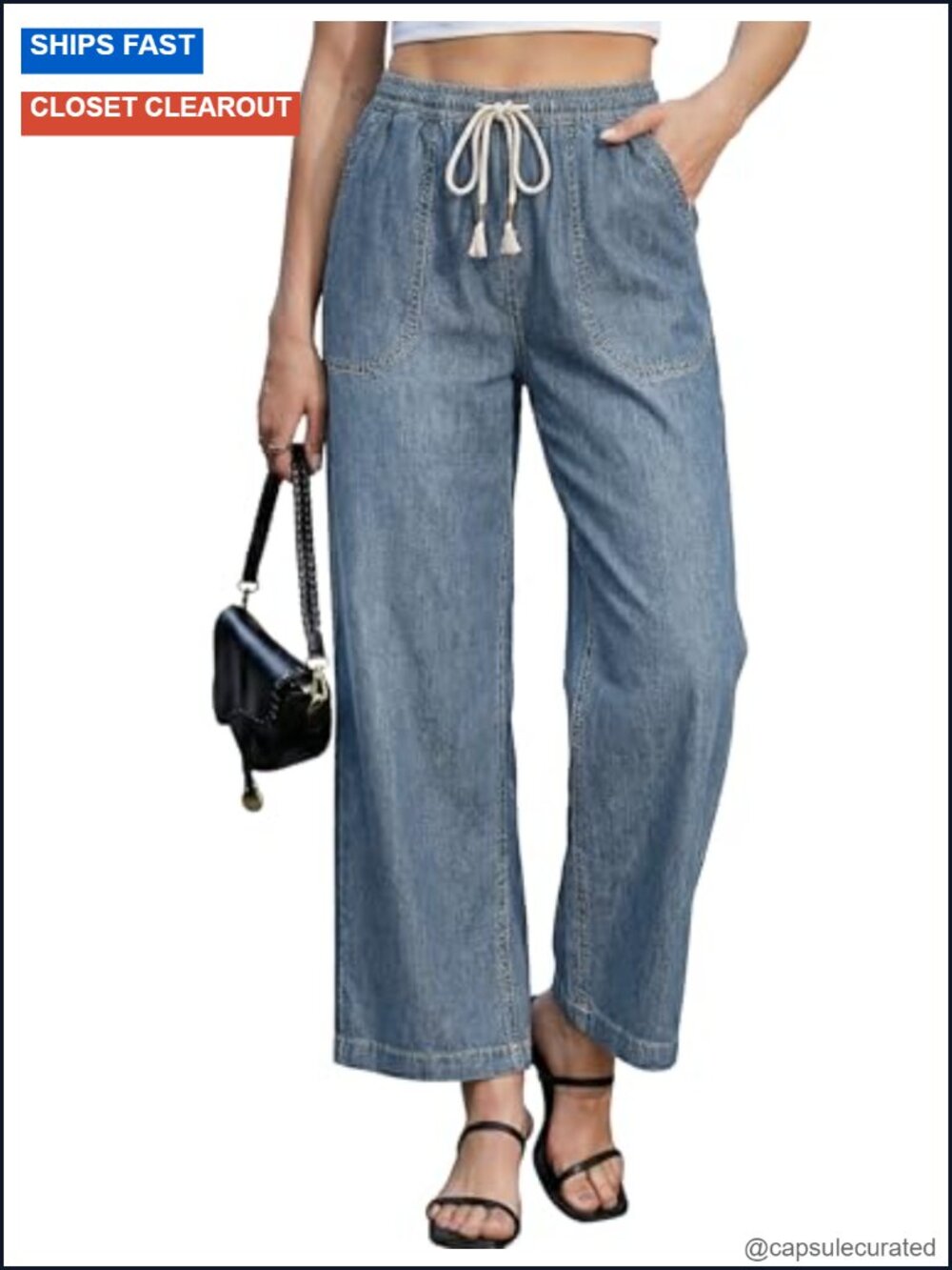 Wide Leg High Waisted Pull On Jeans Women Ankle Length Denim Trouser Pants with
